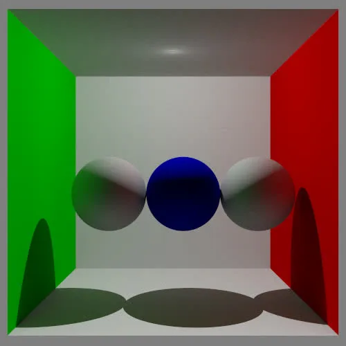 A Cornell box rendered by path tracing: a green wall on the left, a red one on the right, three spheres in a row, and colour bleeding onto the white surfaces between them.